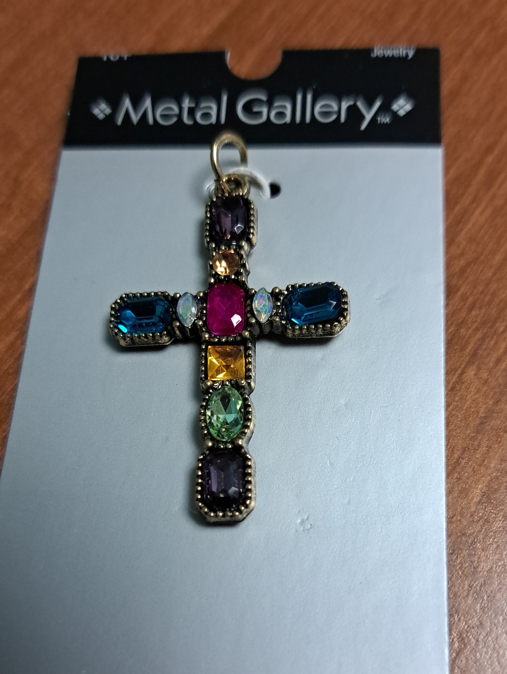 Gallery Multicolor Gemstone Cross Pendant Necklace in Antique Gold Tone